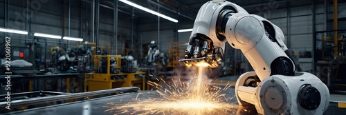 Robots with AI capabilities working in a high-tech manufacturing environment, performing tasks autonomously. 