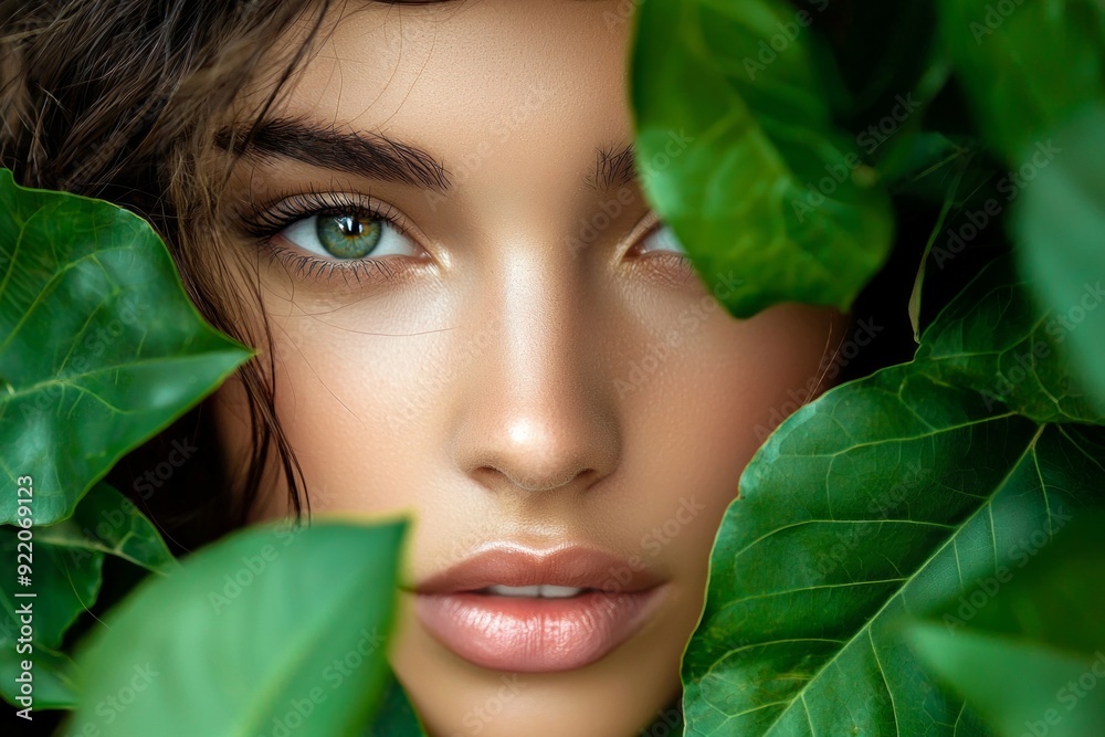 A close up of a beautiful female model face surrounded by green leaves, in a high fashion style A close up of a beautiful female model face surrounded by green leaves, in a high fashion style