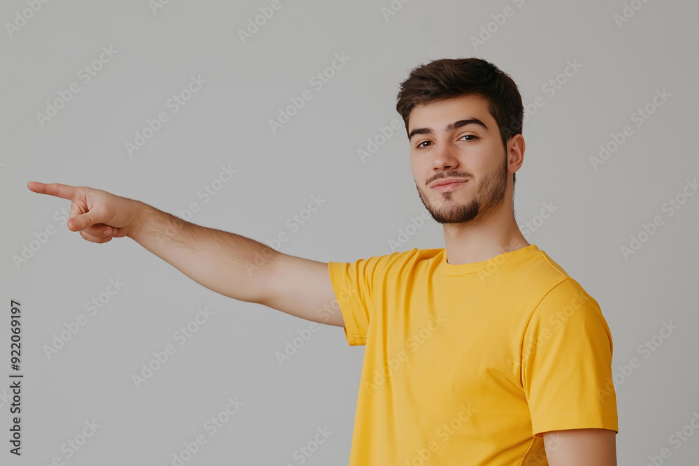 Young man in a yellow shirt smiling and pointing to the side, with a confident and positive demeanor against a clean background. Young man in a yellow shirt smiling and pointing to the side, with a confident and positive demeanor against a clean background.
