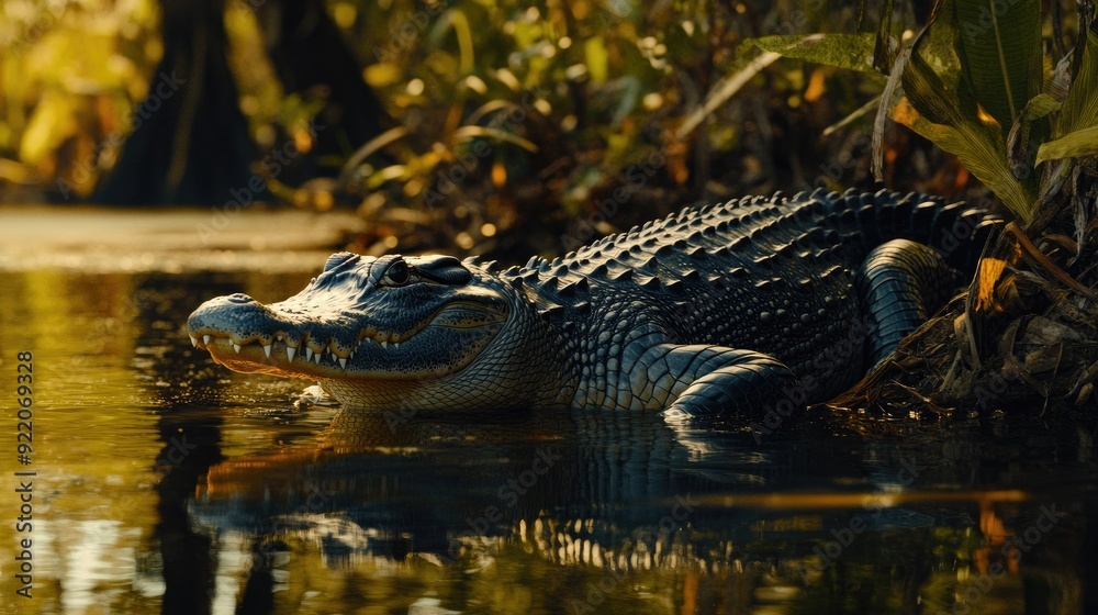 Fototapeta premium A saltwater crocodile lurking near the water's edge in the Australian wetlands, with dense vegetation in the background.