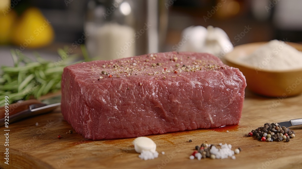 A thick cut of sirloin beef, raw and ready for cooking, displayed with seasoning and cooking tools. A thick cut of sirloin beef, raw and ready for cooking, displayed with seasoning and cooking tools.