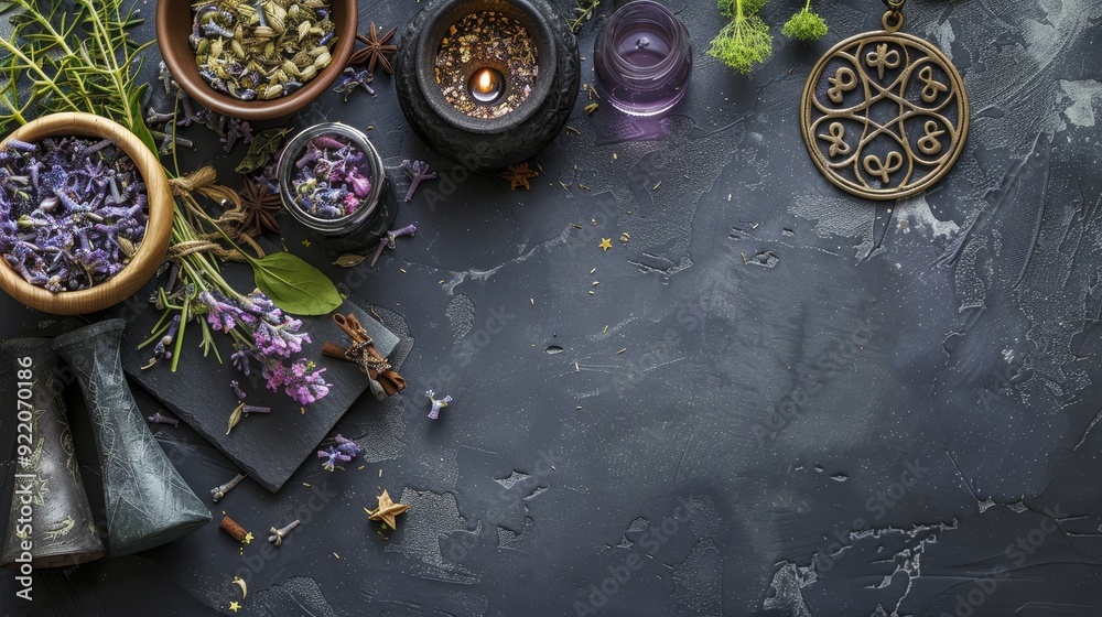 A flat lay image of various herbs, candles, and other magical ingredients on a dark background, symbolizing the practice of spellcasting, magic, and the occult. A flat lay image of various herbs, candles, and other magical ingredients on a dark background, symbolizing the practice of spellcasting, magic, and the occult.