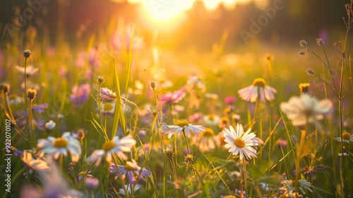 A field of wildflowers, bathed in the warm golden light of a setting sun, symbolizes beauty, tranquility, and the fleeting nature of time.