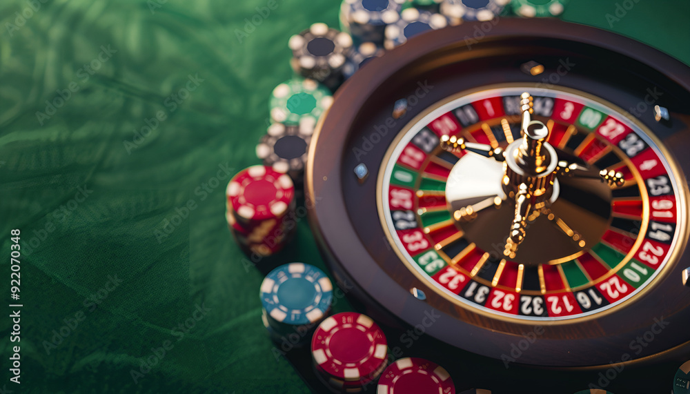 Naklejka premium multicolored casino roulette table with poker chips on green table background