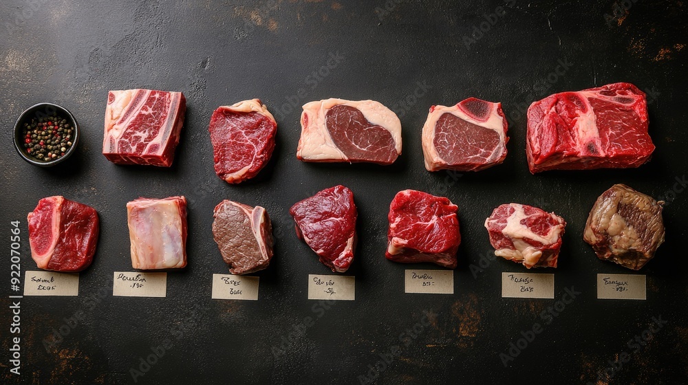Assorted beef cuts, uncooked and presented with labels, highlighting ...