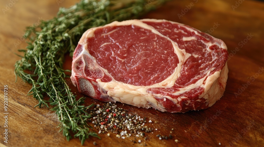 Fresh ribeye steak, uncooked, positioned on a butcher's block with seasoning and fresh herbs ready for preparation. Fresh ribeye steak, uncooked, positioned on a butcher's block with seasoning and fresh herbs ready for preparation.