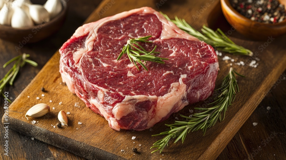 Raw ribeye beef steak with deep marbling, presented on a cutting board with garlic and rosemary sprigs. Raw ribeye beef steak with deep marbling, presented on a cutting board with garlic and rosemary sprigs.