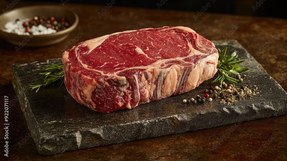 Ribeye steak, uncooked and richly marbled, displayed on a stone slab with herbs and spices, ready for grilling. Ribeye steak, uncooked and richly marbled, displayed on a stone slab with herbs and spices, ready for grilling.