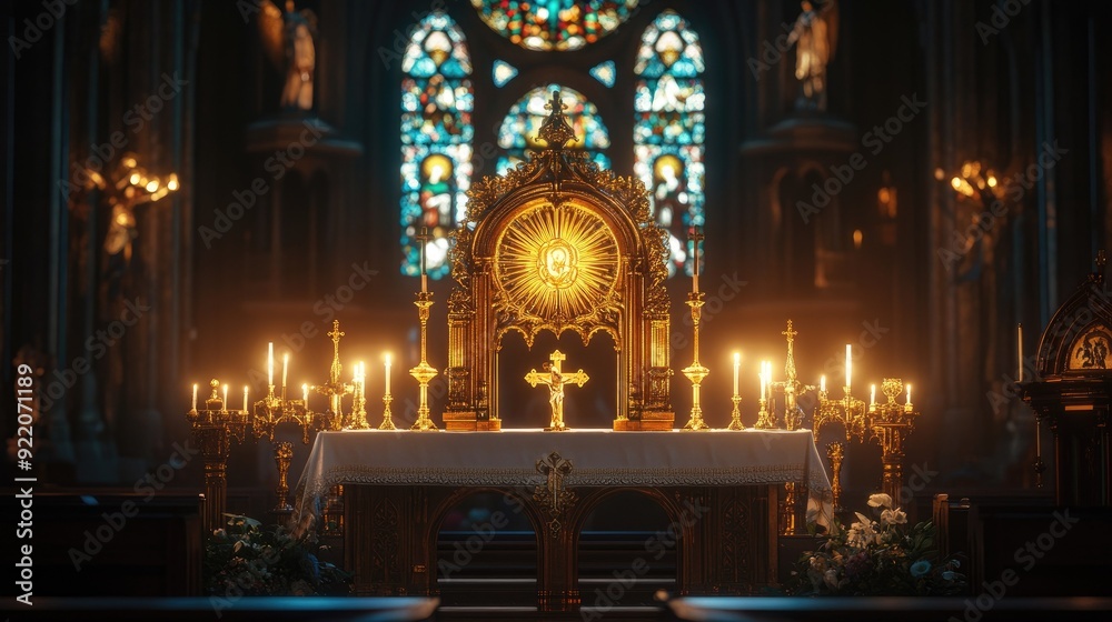 Fototapeta premium The altar of a church, bathed in warm light, featuring a golden monstrance, glowing candles, and a chalice, with intricate stained glass in the background.