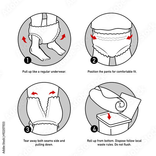 Icons set for Instruction of using diaper pants. The outline icons are well scalable and editable. Contrasting vector elements are good for different backgrounds. EPS10.	