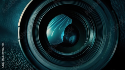 Close-up of a Camera Lens with a Blue Reflection