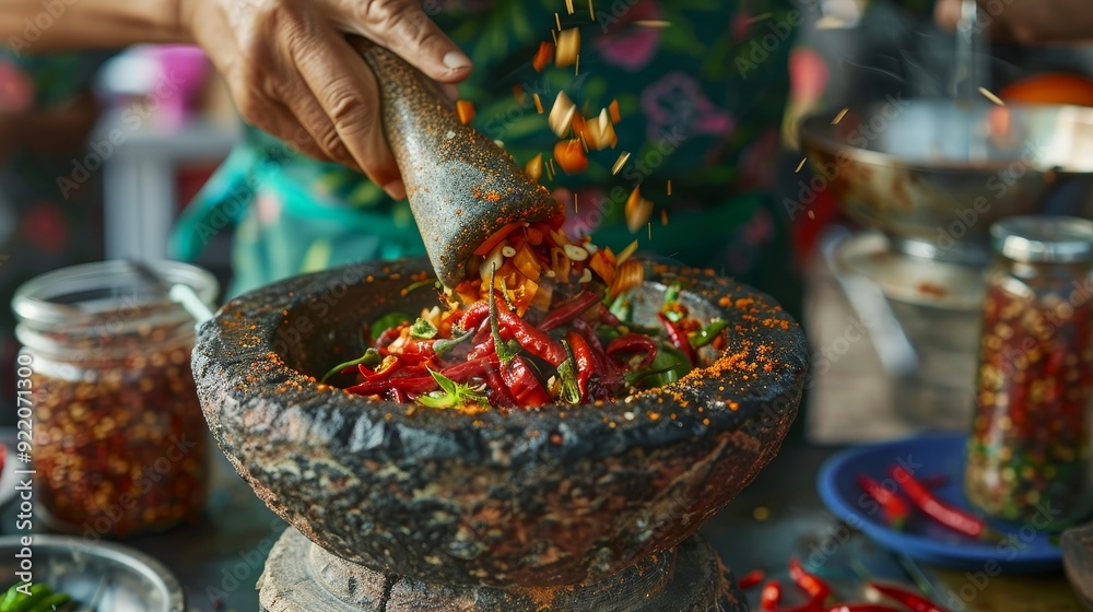 A hand grinds chili peppers and spices in a mortar and pestle, creating a vibrant red paste. This image symbolizes fresh ingredients, traditional cooking methods A hand grinds chili peppers and spices in a mortar and pestle, creating a vibrant red paste. This image symbolizes fresh ingredients, traditional cooking methods