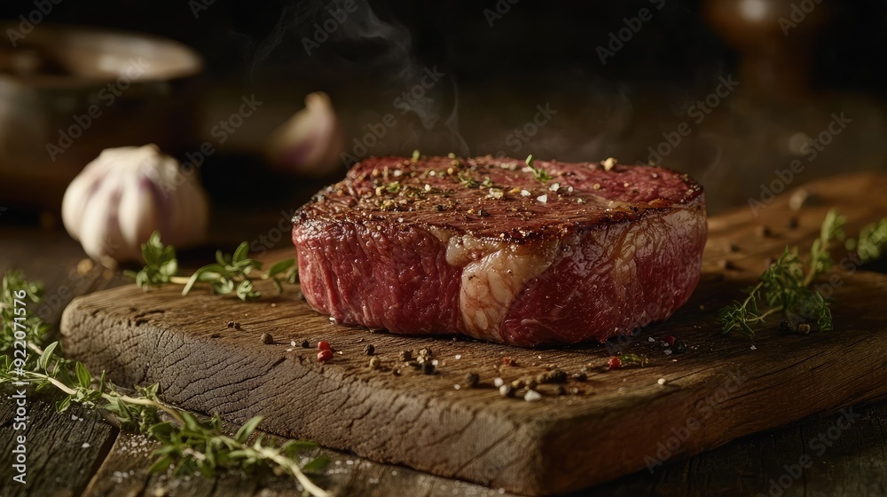 Uncooked sirloin steak with visible marbling, placed on a wooden board, surrounded by herbs and garlic. Uncooked sirloin steak with visible marbling, placed on a wooden board, surrounded by herbs and garlic.