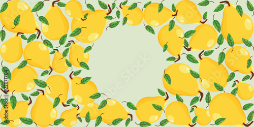 Pears set frame with leaves in style Flat editable stroke. Vector hand drawn illustration in brown, yellow, green, orange colors. Isolated on green background. One from fruit collection	