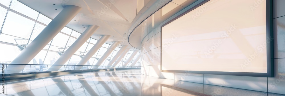 Fototapeta premium A large empty billboard in a modern building lobby, symbolizing opportunity, advertising, communication, branding, and business.