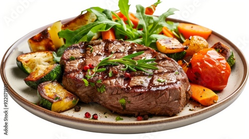 A juicy grilled steak resting on a bed of roasted vegetables and a fresh salad, a delicious and healthy meal.