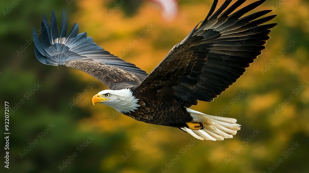 Fototapeta premium American Bald Eagle flying on US flag background