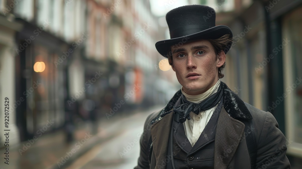 A man in a black top hat and a dark coat walks down a street with cobblestone pavement. The image evokes a sense of the Victorian era, with its stylish clothing and city streets.