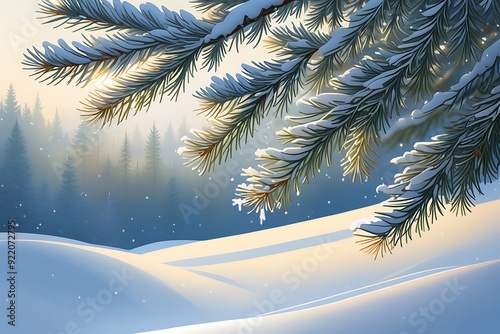 Fir branches covered with snow in winter forest. illustration. Christmas photo