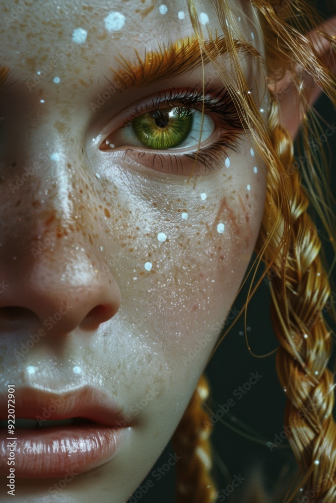 A close-up of the face of an elf woman with white dots on her skin, big ...