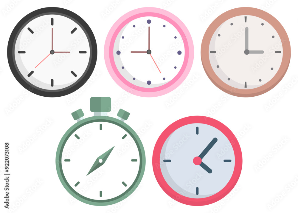 Clock flat icon set in different style isolated on white background. Clock flat icon set in different style isolated on white background.