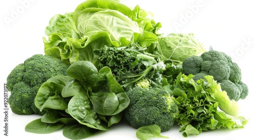 A pile of green vegetables including broccoli, lettuce and spinach lay on a white background. 