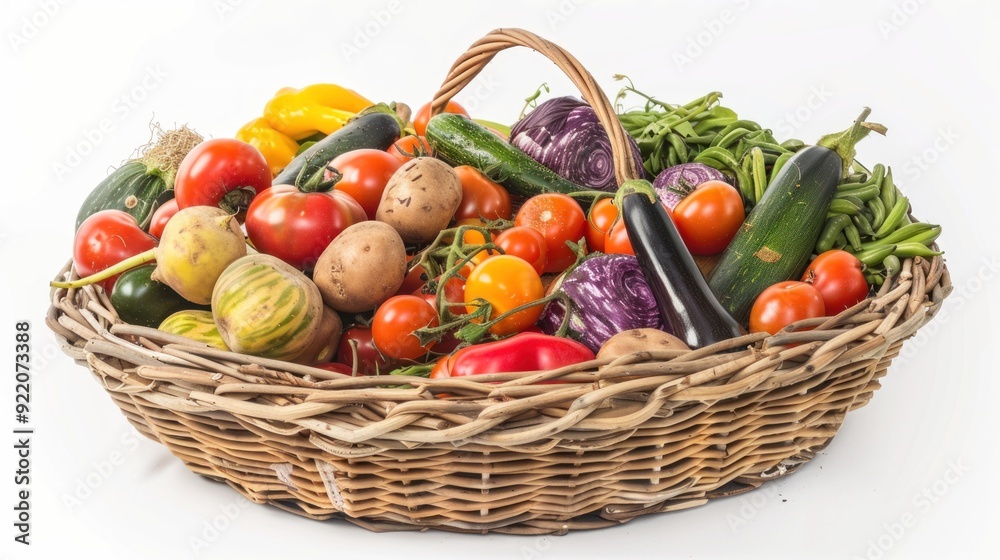 Vegetables in wicker basket isolated on white a photograph Vegetables in wicker basket isolated on white a photograph