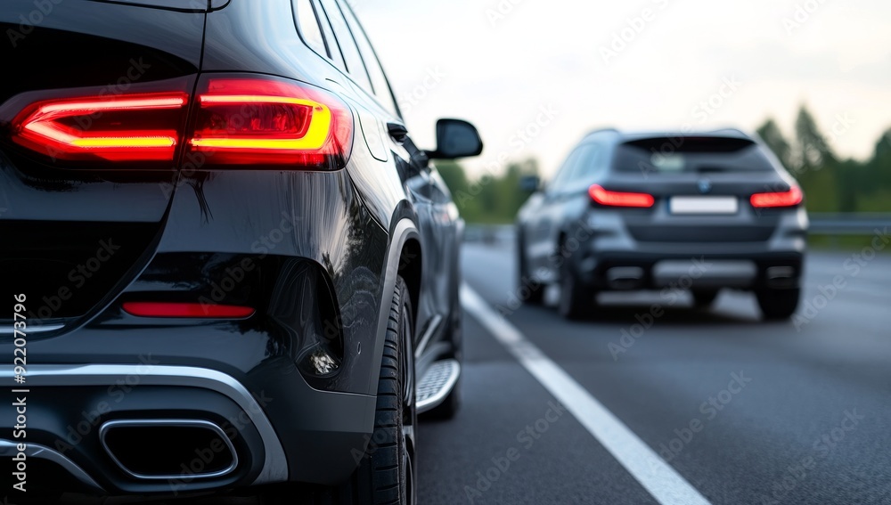 A black car had an accident with another black Car and a grey Car on the road, in a close-up view A black car had an accident with another black Car and a grey Car on the road, in a close-up view