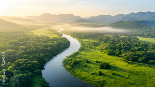 The untouched nature with aerial drone view capturing a scenic travel destination. The serene landscape bathed in golden light provide a tranquil and adventurous escape into wilderness beauty.