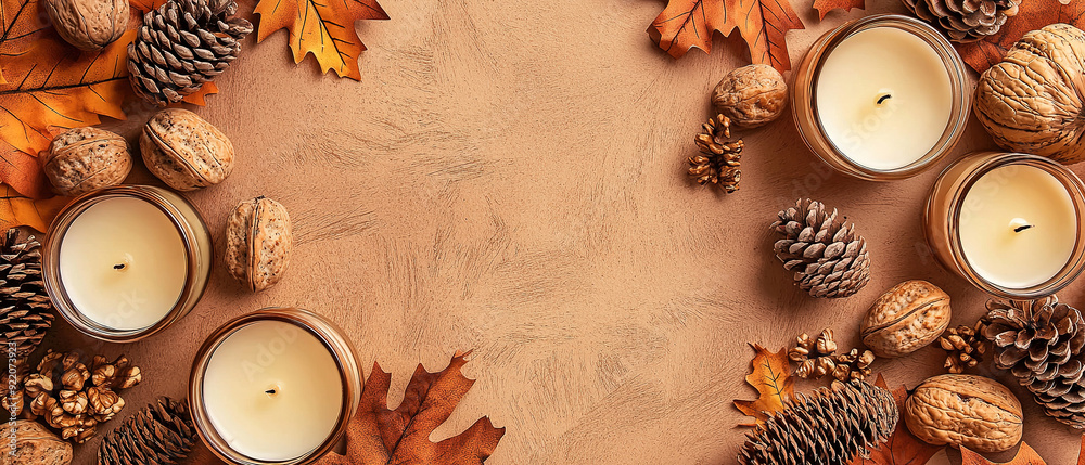 Craft paper background with autumn themed items like candles walnuts and cones arranged in a flat lay view for Fall and Thanksgiving concepts featuring Craft paper background with autumn themed items like candles walnuts and cones arranged in a flat lay view for Fall and Thanksgiving concepts featuring
