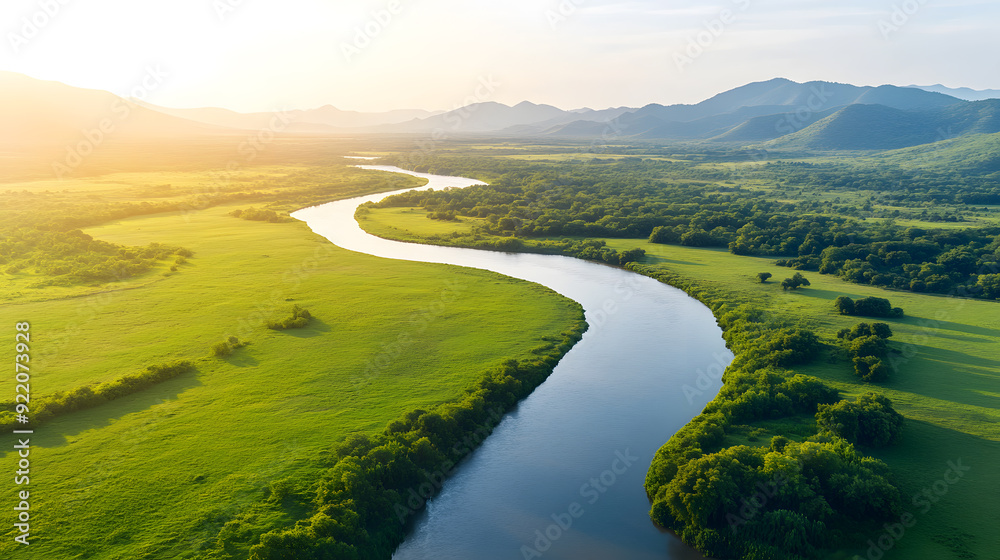 Fototapeta premium Aerial drone view of a breathtaking travel destination, untouched nature and vibrant landscapes in the golden light of sunrise. The tranquil scenery and wilderness escape for nature and adventurers.