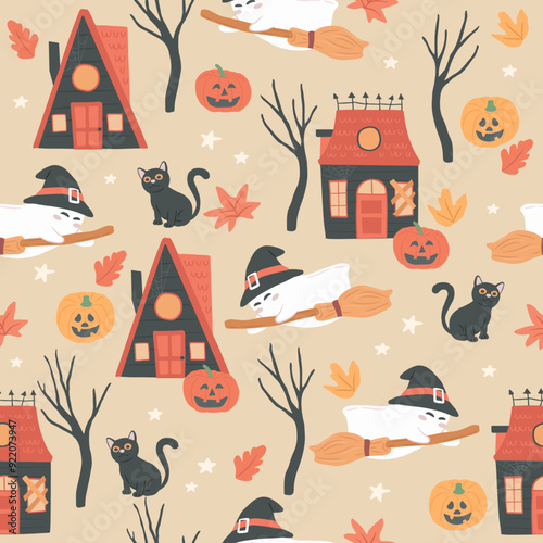 Halloween haunted house ghost seamless pattern vector illustration
