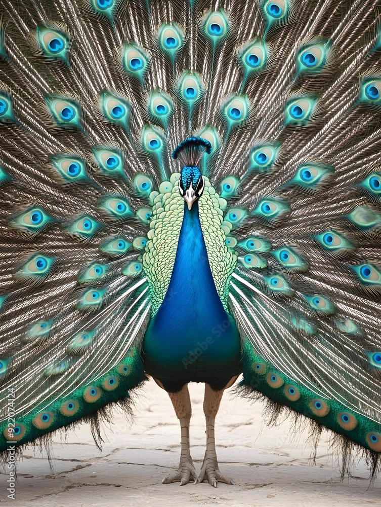 Obraz premium Majestic Peacock Displaying Its Vibrant Teal and Blue Feathers in Elegant Fan Shaped Formation
