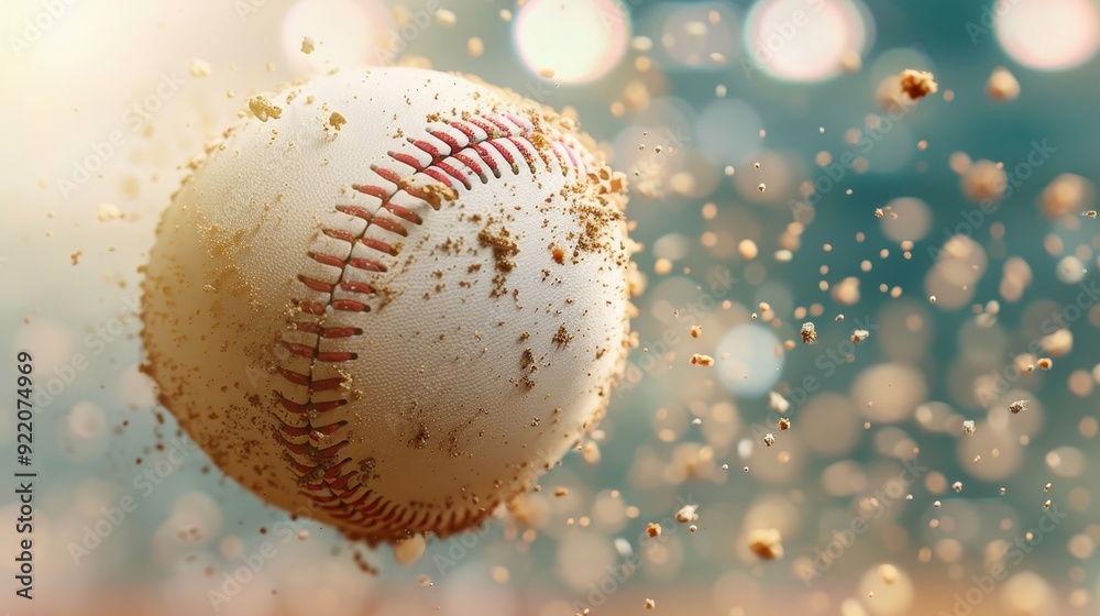A dynamic baseball flying through the air, surrounded by flying dust particles, capturing a moment of action and excitement. A dynamic baseball flying through the air, surrounded by flying dust particles, capturing a moment of action and excitement.