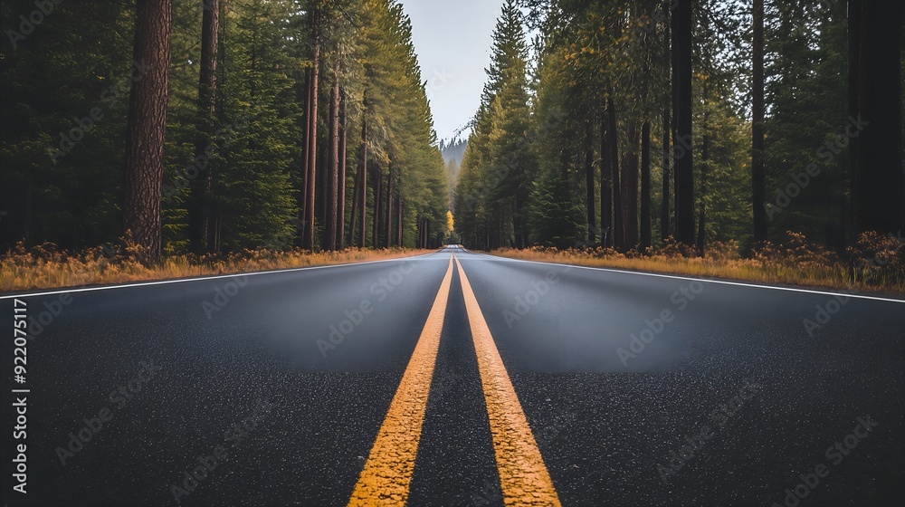 Obraz premium Serene Pine Tree Lined Road Through Forest