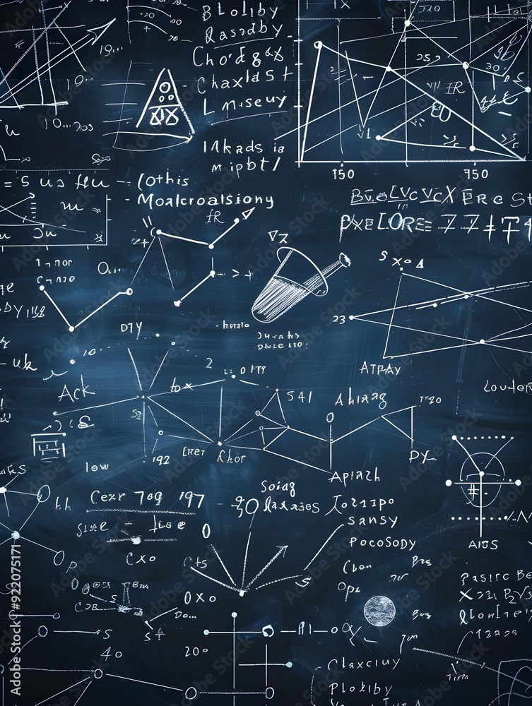 Blackboard inscribed with scientific formulas and calculations in physics and mathematics. Science and education math background. Blackboard inscribed with scientific formulas and calculations in physics and mathematics. Science and education math background.