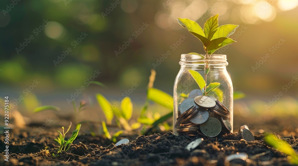 custom made wallpaper toronto digitalGreen plant growing from coins in a glass jar with light bokeh background.