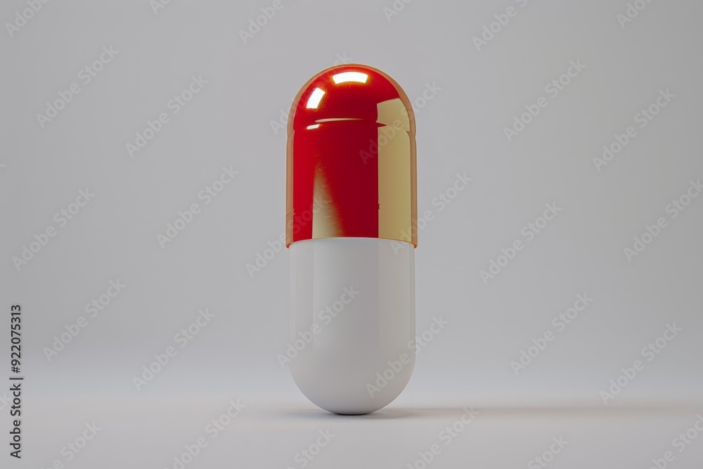 A modernist-style white and red capsule pill is elegantly presented in 3D mock-up fashion against a light white background. A modernist-style white and red capsule pill is elegantly presented in 3D mock-up fashion against a light white background.