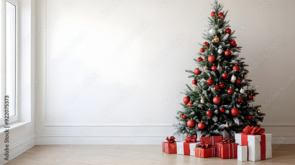A big Christmas tree with lots of wrapped presents on a sunny morning while shadows are falling in the room A big Christmas tree with lots of wrapped presents on a sunny morning while shadows are falling in the room