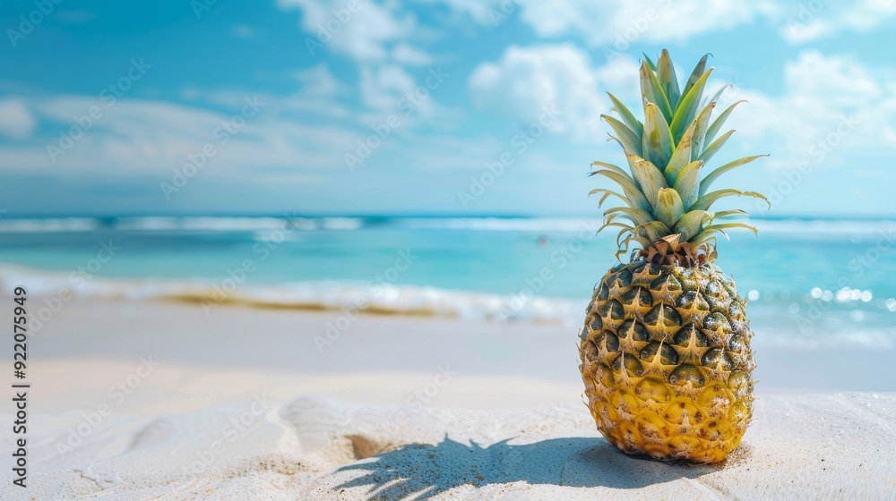 A ripe pineapple rests on a pristine white sandy beach, the turquoise ocean waves gently lapping in the background. It's a perfect image for summer vacation, tropical fruits, and beach relaxation. A ripe pineapple rests on a pristine white sandy beach, the turquoise ocean waves gently lapping in the background. It's a perfect image for summer vacation, tropical fruits, and beach relaxation.