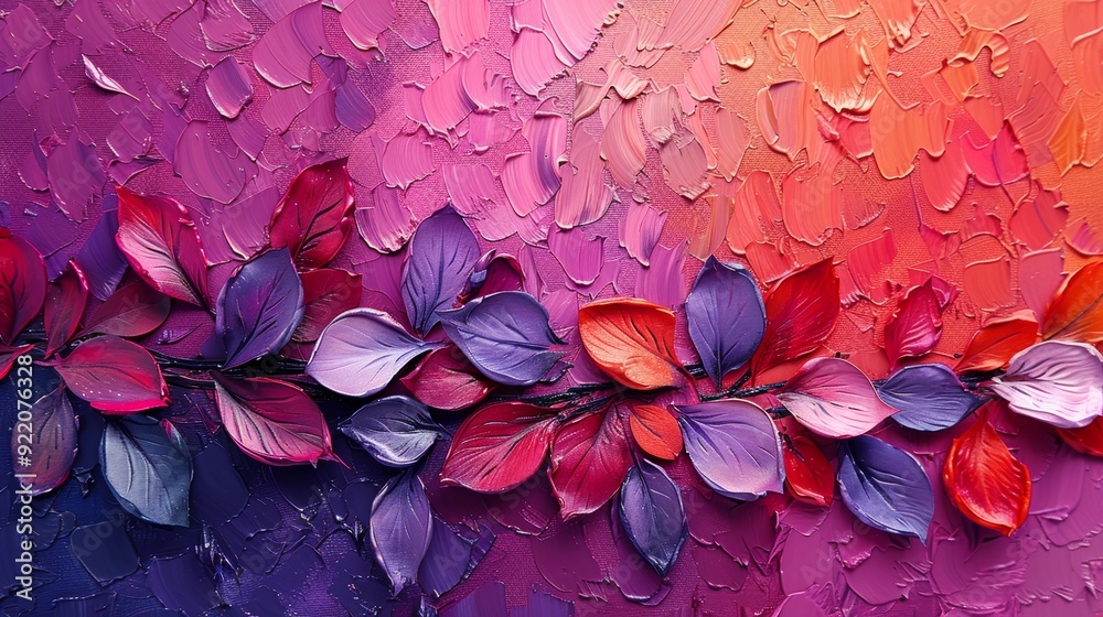 Obraz premium hues of red and blue leaves, creating a captivating natural pattern. The vibrant, colorful abstract painting texture features dynamic brush strokes in blue, pink, purple, and yellow.