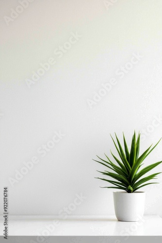 A minimalist workspace with a single, vibrant green plant against a white wall. 