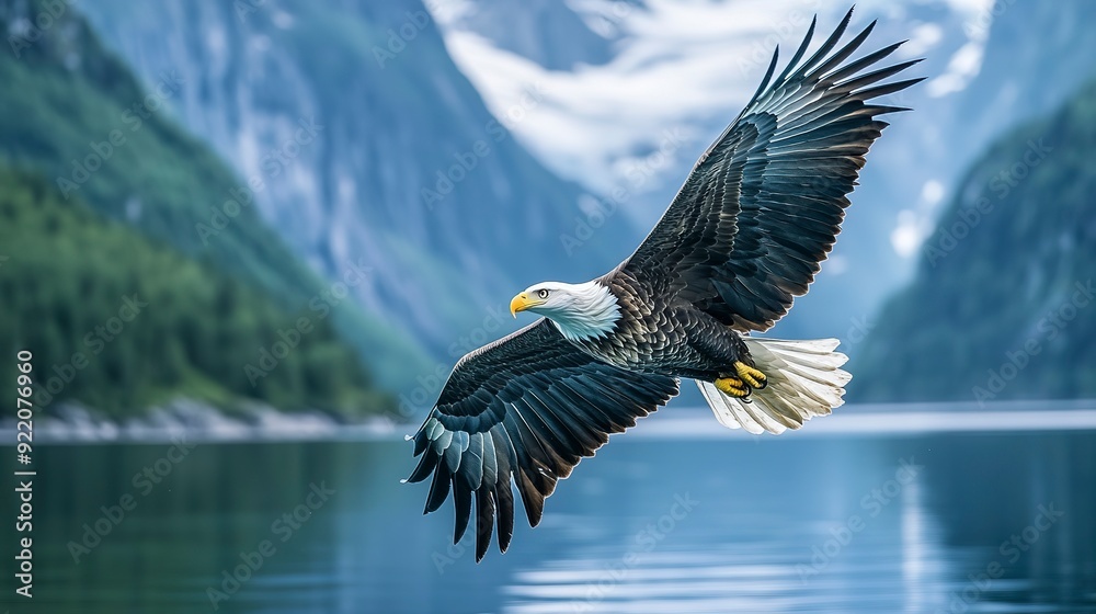 Fototapeta premium Shot of an eagle gliding effortlessly over a mountain lake