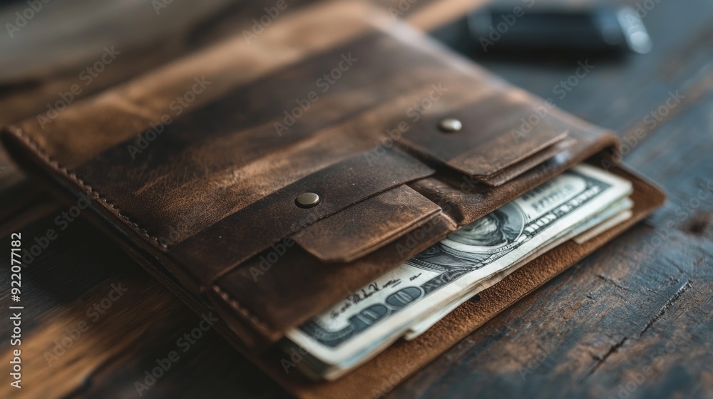 A leather wallet with a few bills in it A leather wallet with a few bills in it