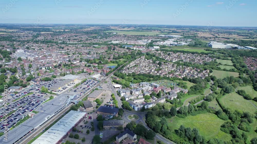 Bicester Village and Bicester town center, amazing aerial view in summer daytime, uk Bicester Village and Bicester town center, amazing aerial view in summer daytime, uk