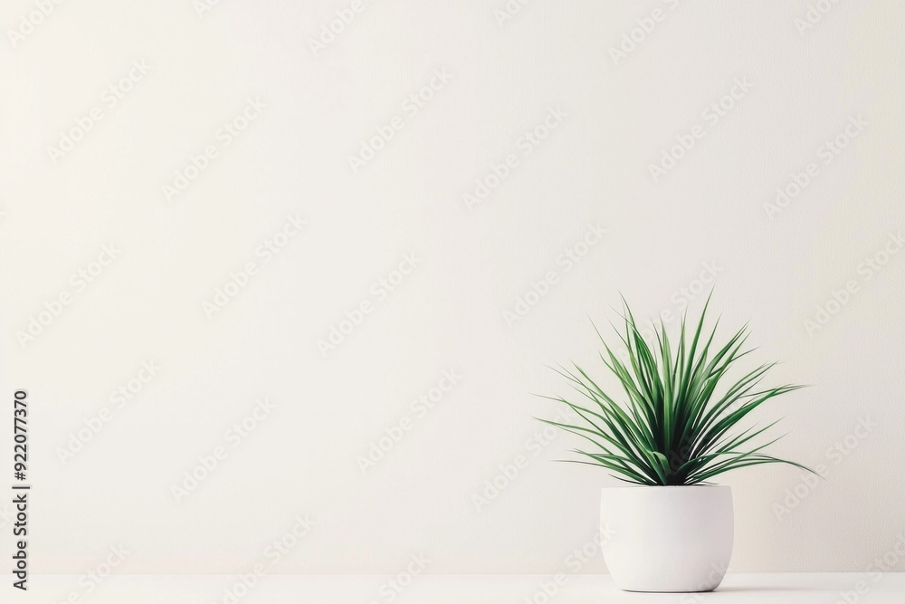 A minimalist workspace with a single, vibrant green plant against a white wall. A minimalist workspace with a single, vibrant green plant against a white wall.