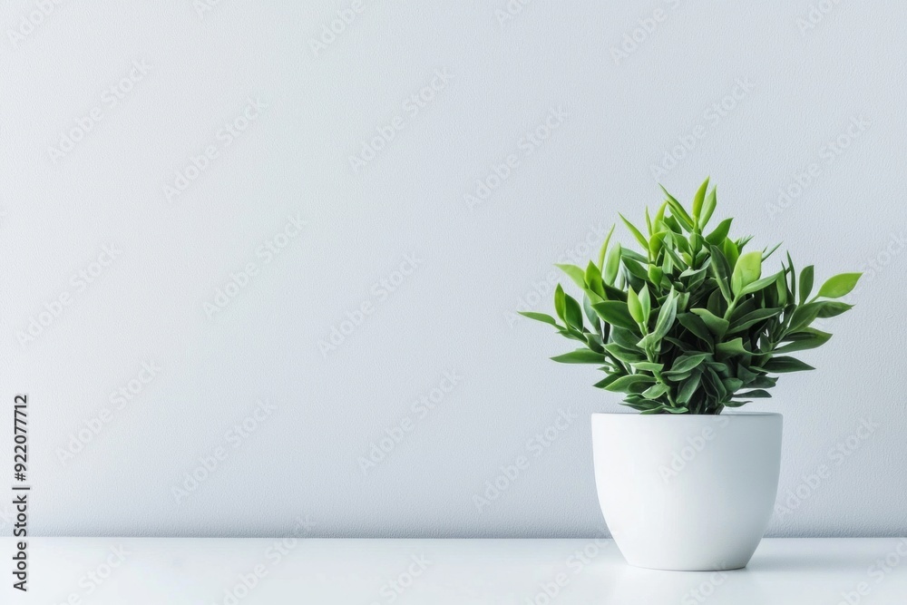 A minimalist workspace with a single, vibrant green plant against a white wall. A minimalist workspace with a single, vibrant green plant against a white wall.