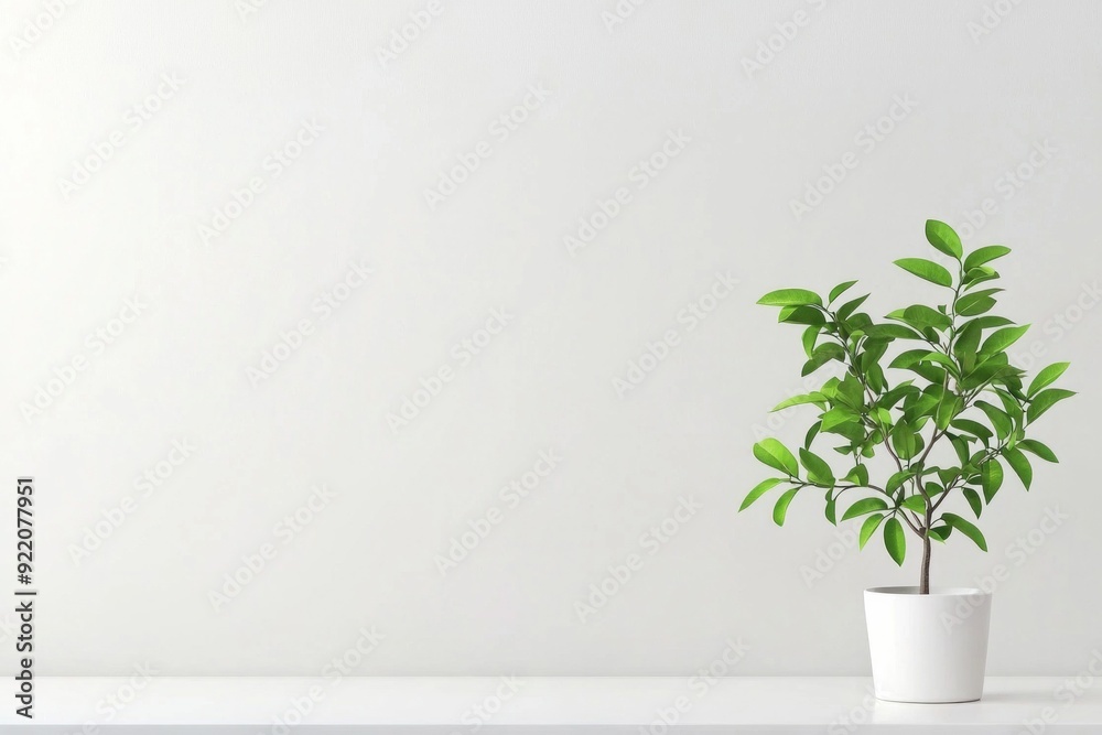 A minimalist workspace with a single, vibrant green plant against a white wall. A minimalist workspace with a single, vibrant green plant against a white wall.