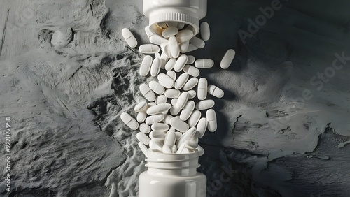 White pills spilling from a medication bottle onto a finished dark surface, exhibiting a medical care idea.