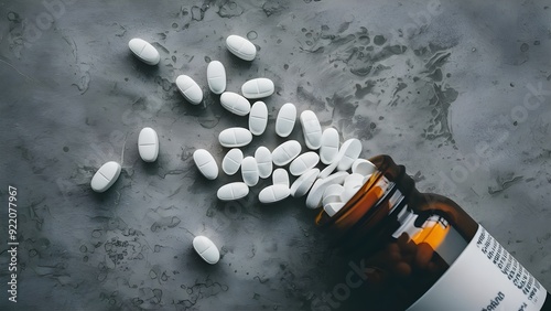 White pills spilling from a medication bottle onto a finished dark surface, exhibiting a medical care idea.